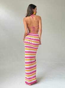 Aloruh Hot Summer Sleeveless Beaded Draped Neck Form-Fitting Backless Contrast Color Knitted Dress For Women - Multicolor - View 2