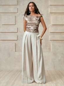 Arave Damen Satin Metall Dekorative Accessoires Plissee asymmetrische Schultern Schräger Kragen Design Tägliche Pendler Exquisite Retro Mode Elegante Vintage Kleidung Frauen Reise Flughafen Top - Grün - Übersicht 7