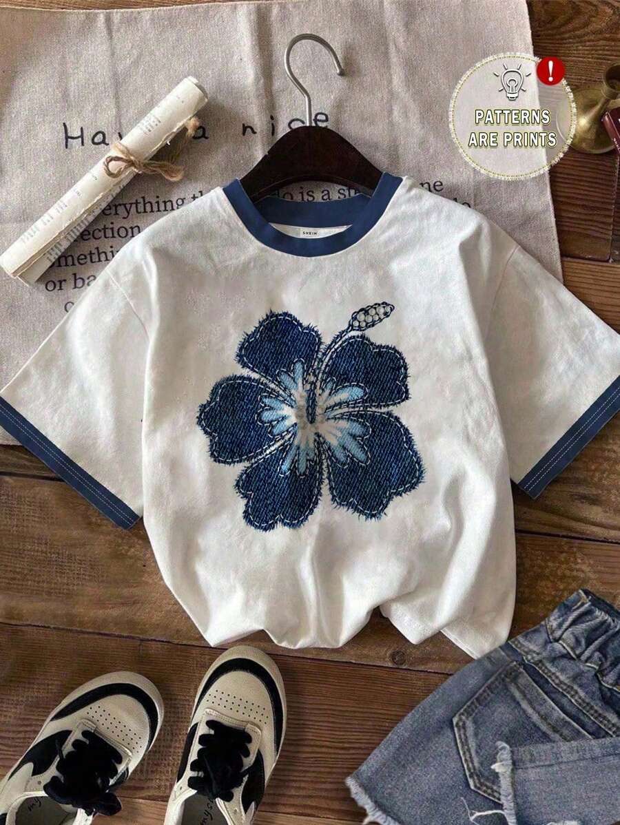 SHEIN Leap Crew Teen Girls Casual Minimalist Round Neck Blue Floral Print Cute Oversized Knit T-Shirt, Suitable For Summer, Beach Vacation, Graduation Season, Y2K, Tops, Shirts, Teen Girl Clothing, Graphic Tees Girls Hibiscus Shirt Kids Hibiscus Tee Girls Flower Shirt Kids Summer Floral Top Cute Flower Shirt