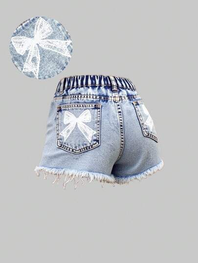 Girlism Teen Girls Y2K Casual 2000s Light Washed Low Waist Ripped Raw Hem Denim Baggy Jeans Shorts With Bowknot Print Pocket Back,Suitable For Daily Travel, Outdoor, Home, Brunch, Tea Party, Commute, Airport Wear,Girls Autumn Fall Clothes Outfits,Teen Girl Back To School Clothes