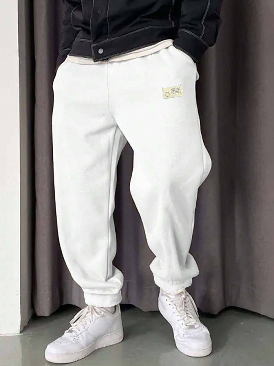 RueChic Men Letter Patched Detail Joggers - White - View 1