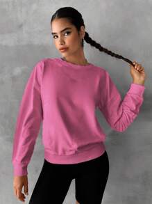 EURMUSE Cotton Solid Drop Shoulder Sweatshirt - Pink - View 3