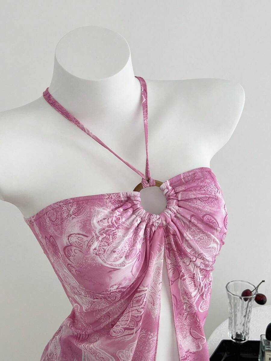 Elamini Women's Casual Backless Tank Top With Cashew Flower Print, Navy Blue Color For Spring And Summer - Baby Pink - View 1