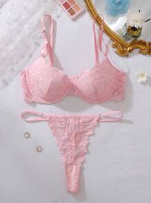Floral Lace Underwire Bra & Panty Sexy Lingerie Set - Pink - View 6