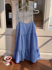 MainGRL 女式夏季新款格纹细肩带露背太阳裙