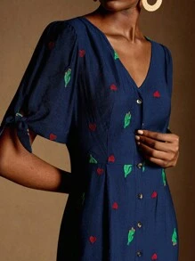 Écloséra 女式复古法式系带袖设计V领开衫风格刺绣连衣裙 - 藏蓝色 - 查看 4