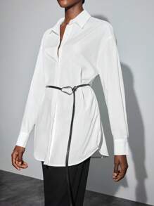 Maija Women Solid Color Drop Shoulder Single-Breasted Casual Office Shirt Women's Work Corporate White Oversized Shirt For Women's Work, Fall Women Clothes - White - View 3