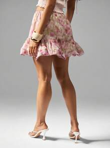 MISSGUIDED 花卉雪纺高腰荷叶边下摆迷你短裙夏季节日沙滩装飘逸派对波西米亚风格可爱短裙下装度假装 - 彩色 - 查看 2