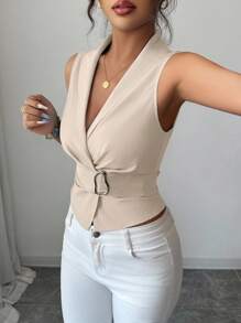 SHEIN Elenzya 女式端庄复古风格金属杏色纽扣衬衫 - 杏色 - 查看 4