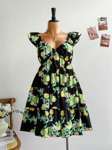 Soleia Rochie mini pentru femei de mărime mare, exclusivă, cu imprimeu de lămâie, mânecă scurtă, talie strânsă, linie A - Multicolor - Vizualizare 10