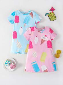 2 件套女婴甜美简约粉色和蓝色针织圆领短袖连衣裙和家居服套装，阻燃 - 彩色 - 查看 1