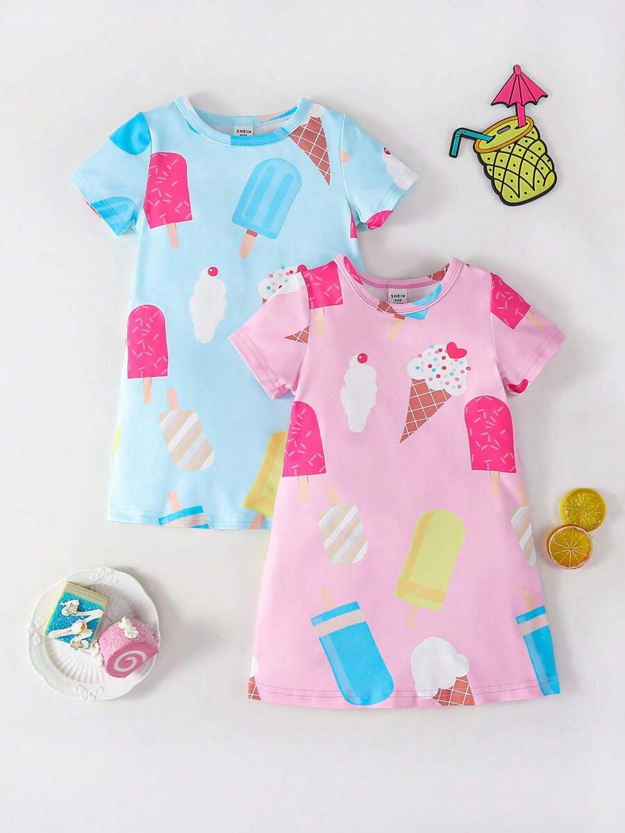 2 件套女婴甜美简约粉色和蓝色针织圆领短袖连衣裙和家居服套装，阻燃 - 彩色 - 查看 1