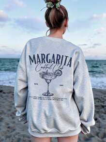 Veykashi 休闲度假简约印花图案宽松圆领长袖运动衫，大码女款，鸡尾酒印花，适合海滩灰色运动衫女款运动衫，返校节、返校节、夜间外出上衣秋冬