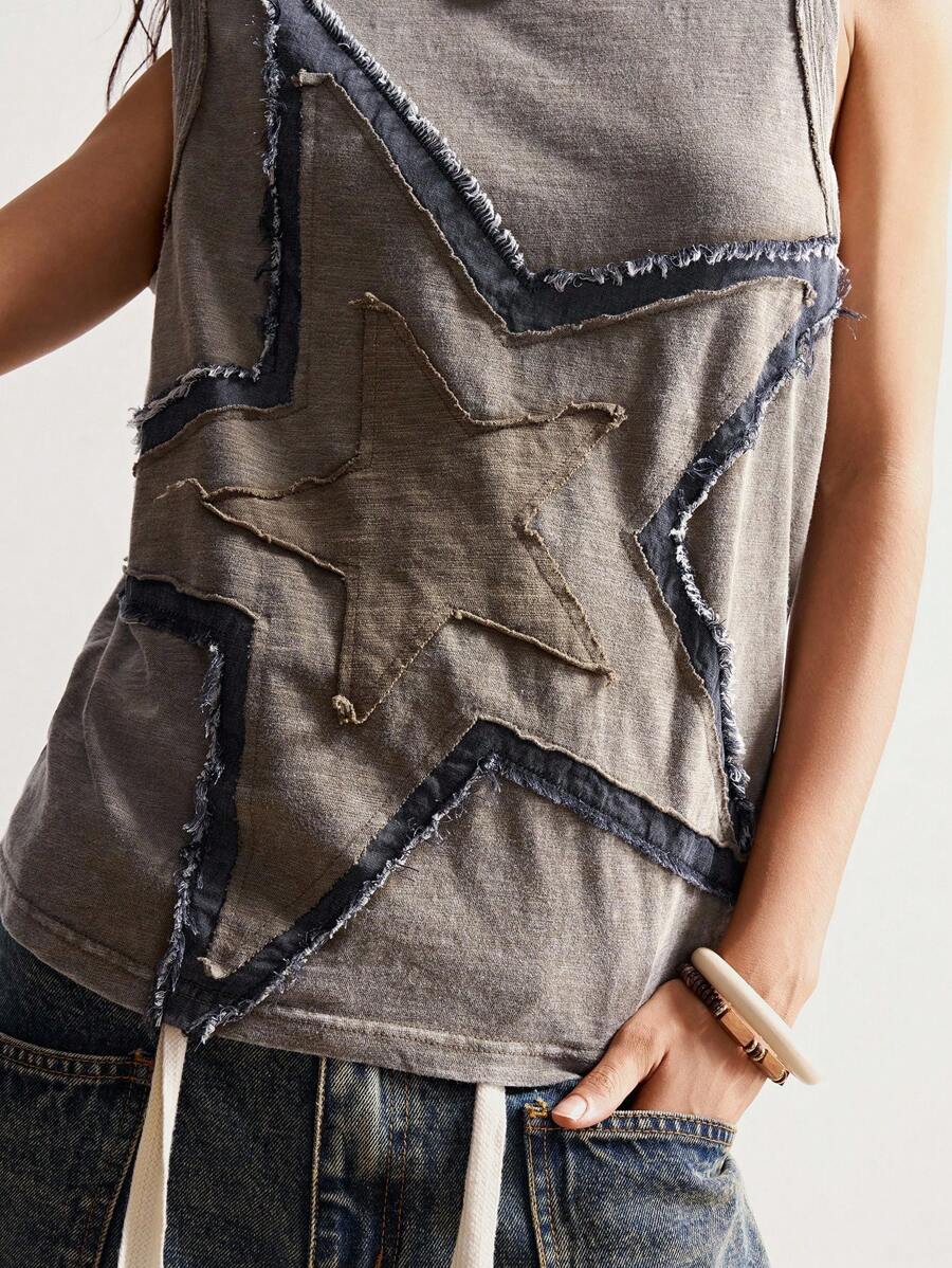 Bohemela Vintage American Style Knitted Patchwork Five-Pointed Star Embroidered Pattern Loose Wash Sleeveless Tank Top For Women Western Tops Patchwork Top Star Top Free People Graphic Tee
