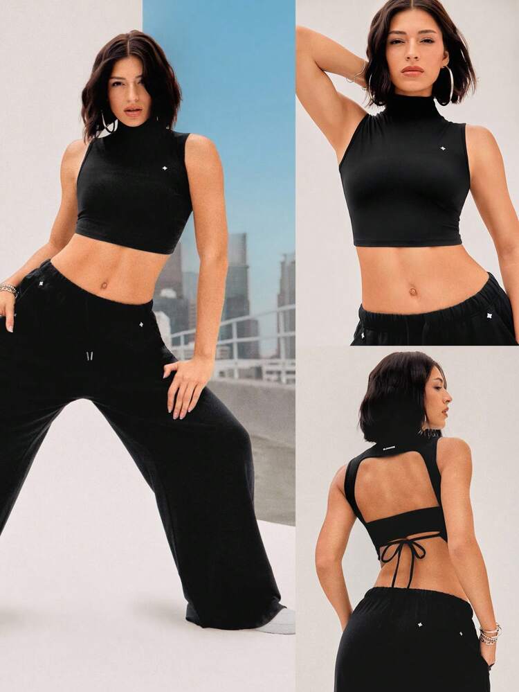 Nylon Big Moves Stretchy Reflective Breathable Open Back Cropped High Neck Lace-Up Tank Top Low Impact Dancing Yoga Pilates Barre Studio Daily Casual Wear