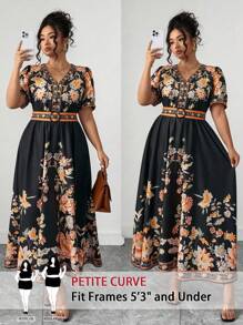 SHEIN PETITE Vestido de manga corta con cuello en V, estampado bohemio, con atar a la cintura, apropiado para primavera y verano, tallas grandes, también para petite