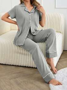 EURMUSE Women Binding Detail Short Sleeved & Long Bottom Homewear Pajama Set - Light Grey - View 4