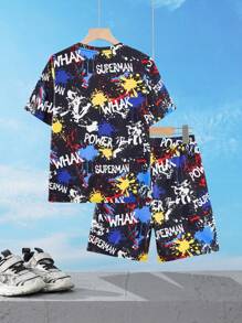 SUPERMAN X SHEIN Bộ đồ ngủ tay ngắn màu đen rộng rãi thoải mái cho bé trai tuổi teen họa tiết graffiti nhiều màu sắc và quần short - Nhiều màu - Xem 2