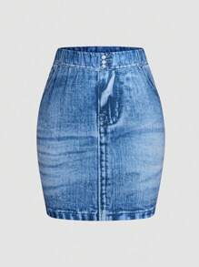 INAWLY Women Denim Print Bodycon Skirt - Blue - View 3