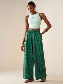 Zivah 2025 春夏新款音乐节、圣帕特里克节、波西米亚风、学生装、日常休闲、基础百搭、休闲、邮轮旅行、海滩、日光浴、街头服饰、病毒式、女士两件套：无袖上衣和阔腿印花裤 - 綠色 - 查看 3
