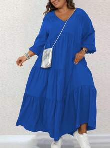 SHEIN LUNE Plus Size Solid Color Lantern Sleeve Brown Fall Dress, Spring Autumn Maxi Women Outfit - Blue - View 5