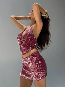 Aloruh Váy mini sequin xanh dành cho nữ, gợi cảm và thời trang cho các lễ hội âm nhạc và các buổi đi chơi, mùa xuân/hè - Màu Đỏ Sâu - Xem 6