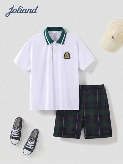 Joliand 2pcs Tween Boys Elegant College Style Casual Urban Badge White Polo Shirt And Green Plaid Shorts Set, Suitable For Travel, Gatherings, Back To School, Autumn/Winter Back To School  School  Clothes School Supplies Boys Summer Outfit Preppy Boy School Outfit Sets Boys Outfit Sets Tween Boy Clothes Short Set Toddler Boy School Clothes Backtoschool ColorfulJoy