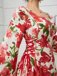 SHEIN Najma Váy thắt eo lưới in họa tiết phong cách Ả Rập cho nữ, mùa xuân/hè - Đỏ - Xem 6