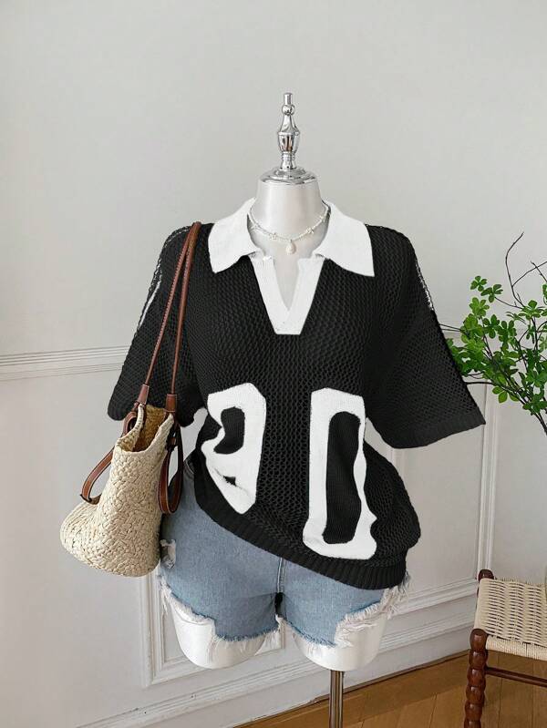 Comfortcana Plus Size Women Numeric Pattern Knit Hollow-Out Sweater