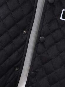 SHEIN Tween Boys Diamond Pattern Letter Embroidered Baseball Jacket Fall Winter - Black - View 3