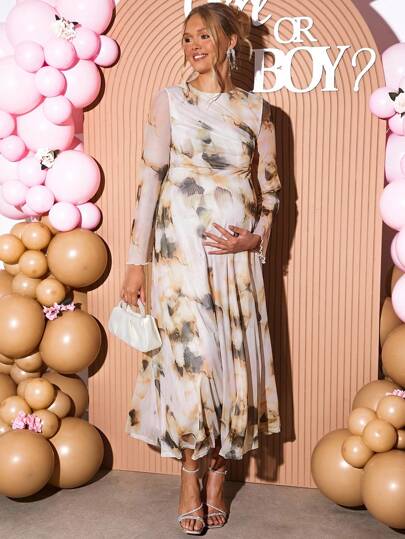 Loomaby Pregnant Women Elegant Marble Print Dress For Party Gender Reveal Dress Maternity Dress Baby Shower Dress Maternity Dress For Photoshoot Baby Shower Guest Outfit Maternity Photoshoot Dress Beige Maternity Dress