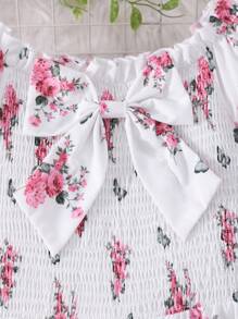 SHEIN Tween Girls' All Over Print Ruffled Collar Puff Sleeve Jumpsuit, Holiday Vibe For Summer - Pink - View 8