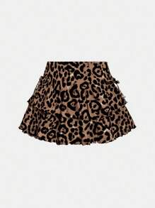 Coolane Kids Tween Girls Spring/Summer Streetwear/Vintage/Cute Leopard Printed Cheetah Print Double Layer Ruffle Hem Shirred Skirt,Parent-Child Clothing,Cute Skirts