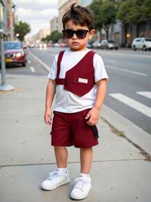 SHEIN 年轻男孩街头风格短袖圆领T恤，酷炫工作服拼布背心，宽松短裤3件套，舒适时尚春夏卡其色年轻男孩套装绿色年轻男孩套装