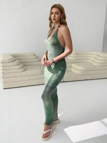 SHEIN EZwear 渐变绿色木珠露背修身针织长裙 - 綠色 - 查看 6