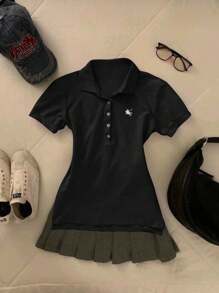 SHEIN Embroidered Polo Collar Fitted Women Blouse - Multicolor - View 5