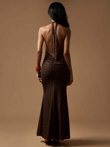 MISSGUIDED Elegant Knitted Maxi Dress Halter Neck Ruched Bodycon Evening Gown Formal Special Occasion Floor Length Ribbed Texture Form Fitting Holiday Party Dress - Brown - View 2