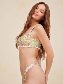 WESTFADE Áo bikini cổ tròn in hoa, thắt nơ, nhún bèo sau lưng, kỳ nghỉ hè trên bãi biển, phong cách boho miền Tây dễ thương dành cho nữ cao bồi - Nhiều màu - Xem 5