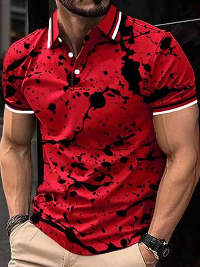 Manfinity Homme 男士夏季休閒短袖撞色印花紐扣polo衫，適合先生穿著