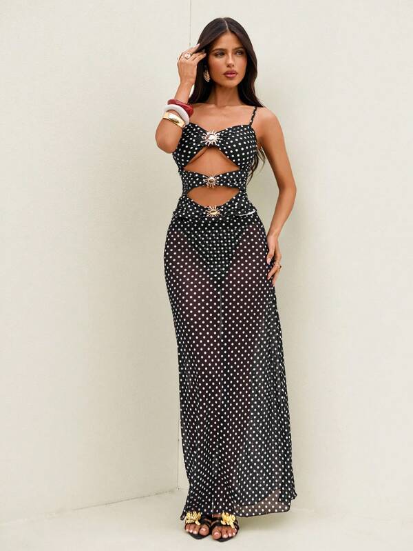 Bonvoyette Summer Beach Vacation Polka Dot Print Metal Decor 1-Piece Dress & 1-Piece Long Skirt 2 Pieces Set