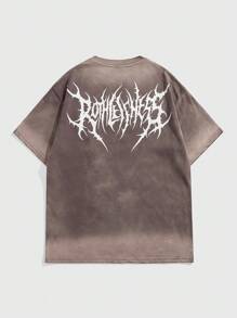 ROMWE MEN Grunge Punk Men's Casual Distressed Letter Graphic Beaded Detail Short Sleeve T-Shirt, Summer - Grey - View 1