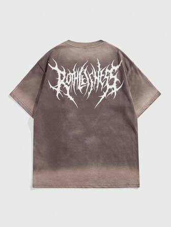 Grunge Punk Maglietta casual estiva da uomo con grafica di lettere consumata, dettagli di perline, manica corta