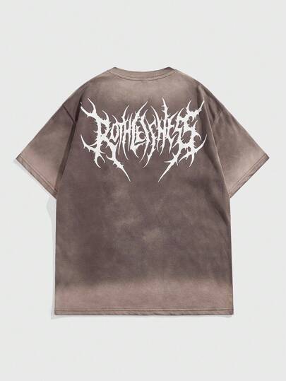 Grunge Punk قميص تيشيرت رجالي كاجوال بجزء محشو مطبوع عليه رسم وحروف متآكلة، أكمام قصيرة، صيفي