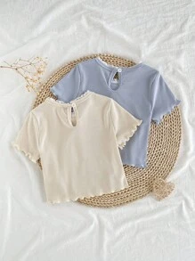 SHEIN 2 pièces Ensemble pour jeunes filles, débardeur uni abricot avec bordure bleue et col blanc à fleurs, débardeur à dos nageur avec fermeture à boutons