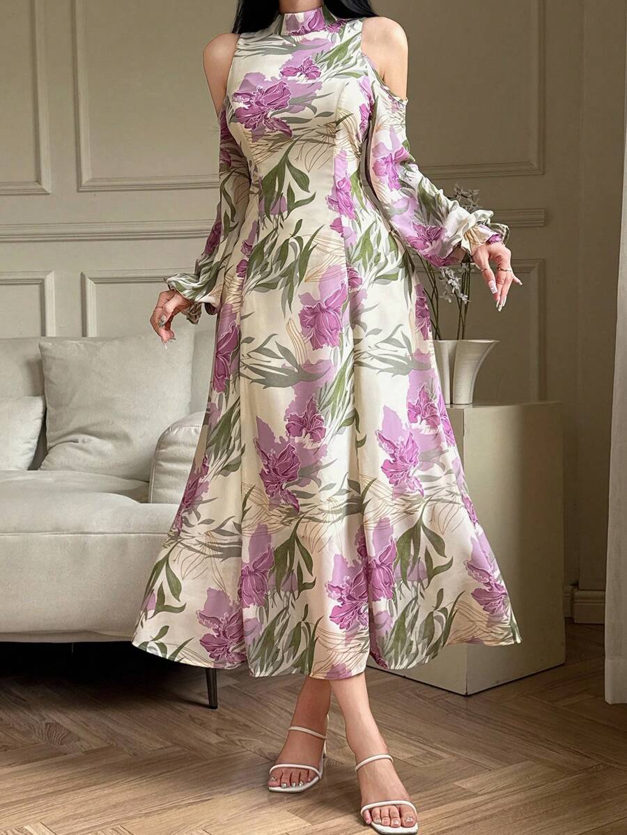 Modelyn 女士花卉印花露肩长袖优雅中长连衣裙 - 彩色 - 查看 1