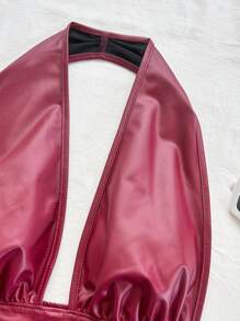 Soleia 2 件套女士 V 领系带前露背吊带背心和迷你短裤套装，适合派对、约会、下午茶、波西米亚风、波西米亚风、浪漫花卉、度假 - 酒紅色 - 查看 6