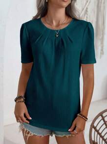 SHEIN LUNE Camisa de manga abullonada fruncida de unicolor casual de verano - Agua verde azul - Ver 5