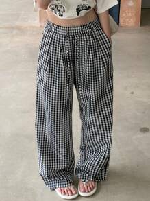 DAZY Women Elastic Waist Loose Plaid Casual Pants, Street & Urban Casual Trousers - Black - View 4