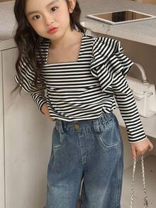 SHEIN 适合年轻女孩的基本款条纹T恤休闲针织上衣，适合返校、上学和居家穿着 - 黑色 - 查看 4