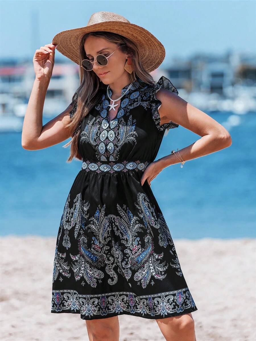 Sylviya 立领V领荷叶边短袖A字摆复古印花休闲度假优雅连衣裙夏季女装度假装西式女装锐舞装乡村音乐会装锐舞装音乐节音乐会装锐舞装 - 彩色 - 查看 1